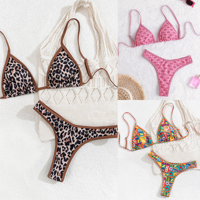 2025 new European and American foreign trade bikini printed triangle sexy thong separate bikini swimsuit women