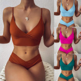 2023 new bikini Europe and the United States foreign trade sexy solid color V-neck cross bikini split suit swimsuit