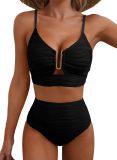 2025 new bikini Europe and the United States cross-border solid color gathering thin high-waisted sexy bikini high-grade swimsuit women