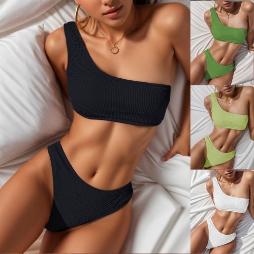 2024 new cross-border European and American foreign trade solid color snake cloth one-shoulder high-waisted bikini sexy swimsuit swimsuit woman