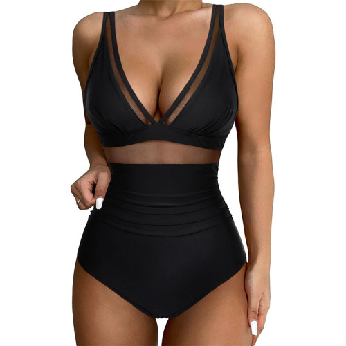 2025 new bikini cross-border European and American foreign trade solid color gauze backless sexy bikini one-piece swimsuit swimsuit
