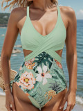 2024 new bikini cross-border European and American print hollow-lace sexy one-piece bikini swimsuit women