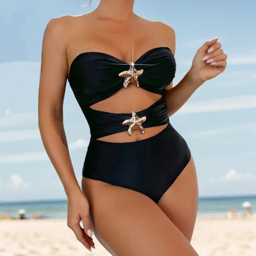 2025 new European and American foreign trade cross-border solid color halter top two wear sexy one-piece bikini swimsuit women