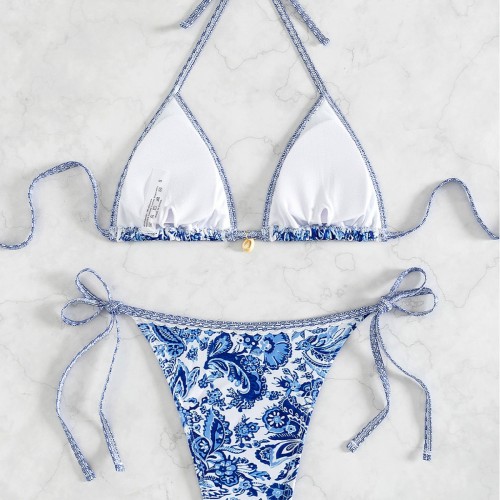 2024 new bikini cross-border European and American foreign trade printed triangle cup pendant sexy bikini swimsuit women