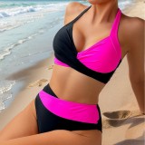 2025 new bikini Europe and the United States cross-border foreign trade hanging neck color high-waisted bikini separate swimsuit women's swimsuit