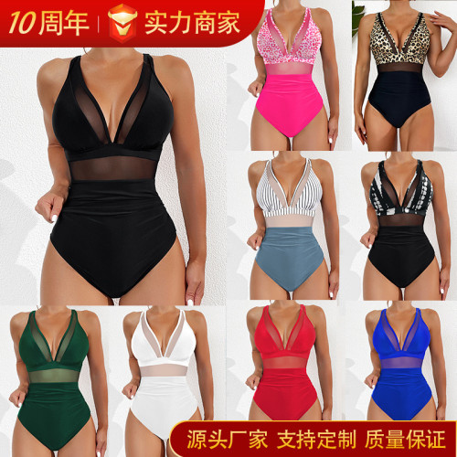 2025 new bikini cross-border European and American foreign trade solid color gauze backless sexy bikini one-piece swimsuit swimsuit