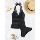 2024 new cross-border European and American foreign trade lace splicing Tankini solid color conservative bikini two-piece swimsuit women