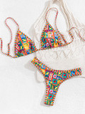 2025 new European and American foreign trade bikini printed triangle sexy thong separate bikini swimsuit women
