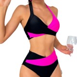 2025 new bikini Europe and the United States cross-border foreign trade hanging neck color high-waisted bikini separate swimsuit women's swimsuit