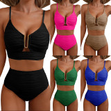 2025 new bikini Europe and the United States cross-border solid color gathering thin high-waisted sexy bikini high-grade swimsuit women