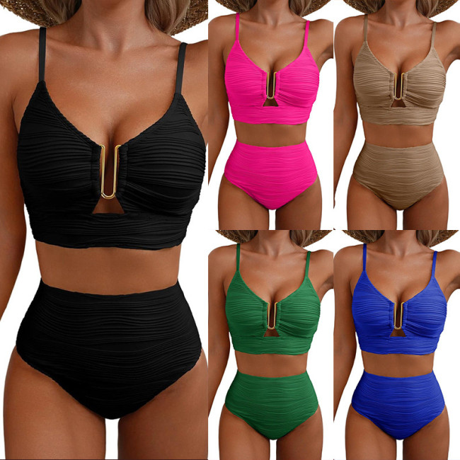 2025 new bikini Europe and the United States cross-border solid color gathering thin high-waisted sexy bikini high-grade swimsuit women
