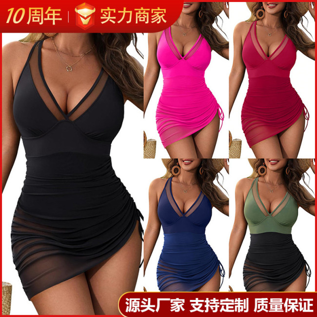 2025 new bikini cross-border Europe and the United States gauze drawstring thin sexy slim-fit one-piece swimsuit bikini swimsuit