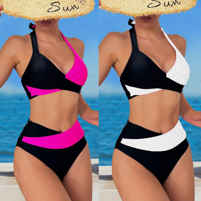 2025 new bikini Europe and the United States cross-border foreign trade hanging neck color high-waisted bikini separate swimsuit women's swimsuit