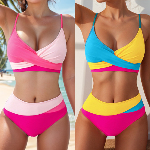 2024 new bikini cross-border European and American foreign trade solid color color high-waisted sexy bikini two-body swimsuit swimsuit