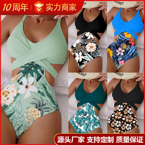 2024 new bikini cross-border European and American print hollow-lace sexy one-piece bikini swimsuit women