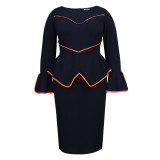 AM041125 Africa new U-neck trumpet sleeve bag hip skirt spring and autumn comfortable color dress dress