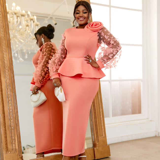 AM040614 Cross-border plus-size see-through sleeve women's dress Dress Plus-size party ruffled dress dress