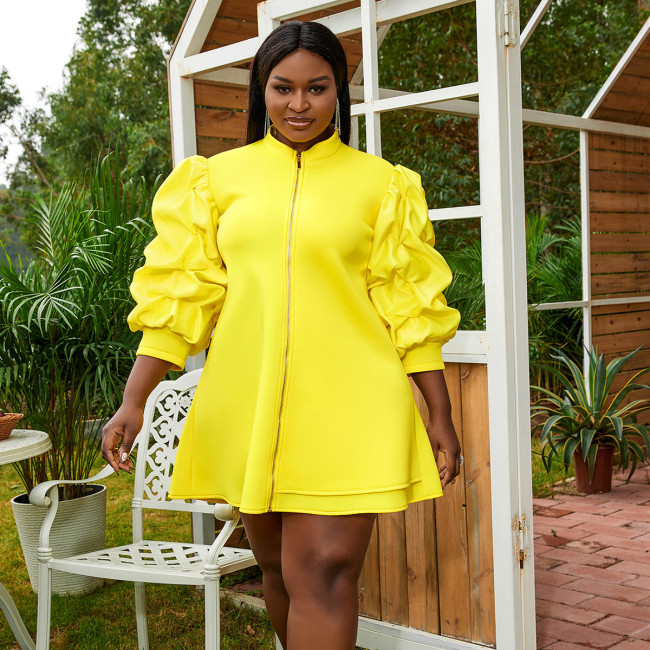 Plus-size women's commuter small stand collar cardigan dress designer pleated sleeves short top dresses