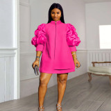 Plus-size women's commuter small stand collar cardigan dress designer pleated sleeves short top dresses