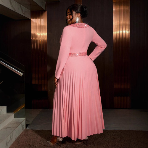 AM040933 New pink sequin V-neck pleated cross-border party dress evening dresses
