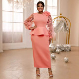 AM040614 Cross-border plus-size see-through sleeve women's dress Dress Plus-size party ruffled dress dress