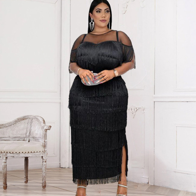 Patchwork multi-layer fringe high Fanny pack hips black S-4XL plus size women's party dresses