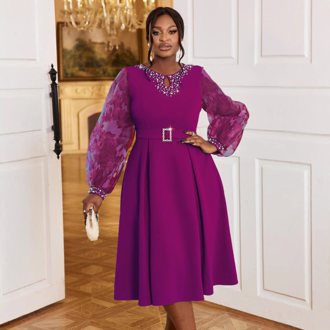 AM040710 Autumn new lantern long-sleeved elegant dress party studded high-waisted A-line dresses