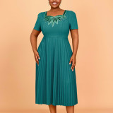 AM041231 Elegant Style Square Collar sequin dress Temperament Party Party Pleated skirt