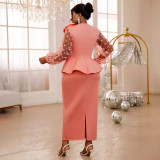 AM040614 Cross-border plus-size see-through sleeve women's dress Dress Plus-size party ruffled dress dress
