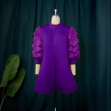 Plus-size women's commuter small stand collar cardigan dress designer pleated sleeves short top dresses