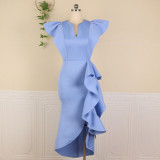 Plus-size ruffled short sleeve high waist slimming irregular hem women's dress white dress dress