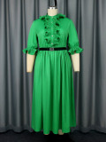 AM040321 Wooden ear trimmed Lantern Sleeve dress Elegant style banquet prom dress with belt pleated dress