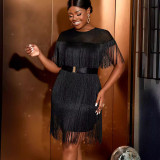 AM030804 Elegant wind high waist fringe women's dress Fashion comfortable slimming dress with belt dress