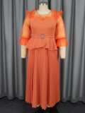 AM041104 Cross border crewneck Lantern Sleeve Pleated skirt Party Banquet Elegant Club dress Dress