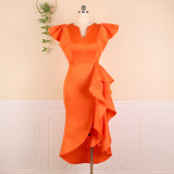 Plus-size ruffled short sleeve high waist slimming irregular hem women's dress white dress dress