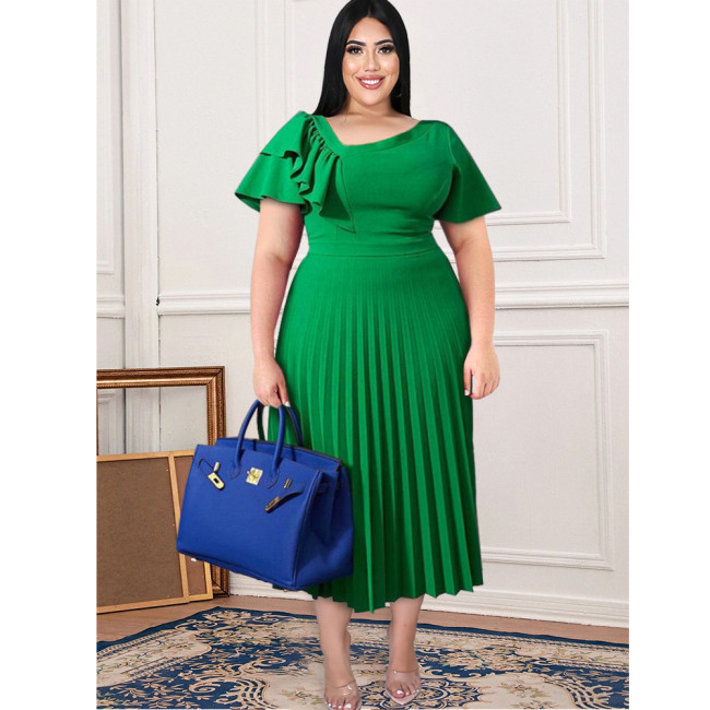 Spring and summer new hemmed skirt pleated skirt oblique shoulder all temperament plus-size women hemmed skirt