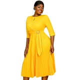 AM041216 Independent station foreign trade round neck fashion women's dress temperament elegant pleated skirt belt dress dress