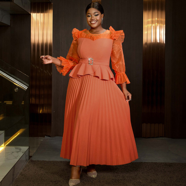 AM041104 Cross border crewneck Lantern Sleeve Pleated skirt Party Banquet Elegant Club dress Dress