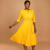 AM041216 Independent station foreign trade round neck fashion women's dress temperament elegant pleated skirt belt dress dress