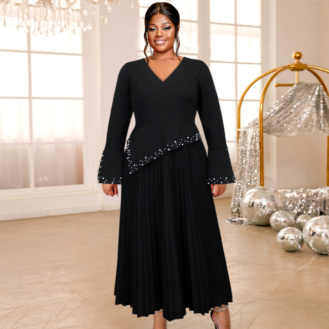 AM040608 New style V-neck flared sleeve dress party style party beaded light dress dress