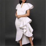 Plus-size ruffled short sleeve high waist slimming irregular hem women's dress white dress dress