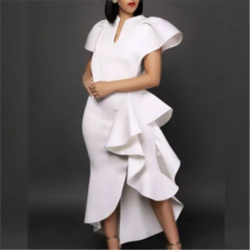 Plus-size ruffled short sleeve high waist slimming irregular hem women's dress white dress dress