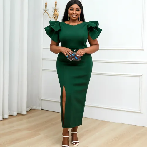 AM200938 High waist large size slim-fit bag hip slit Party Evening dress dress for women