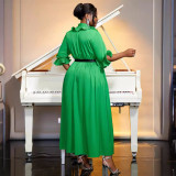 AM040321 Wooden ear trimmed Lantern Sleeve dress Elegant style banquet prom dress with belt pleated dress