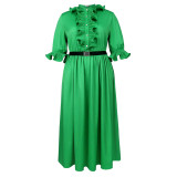 AM040321 Wooden ear trimmed Lantern Sleeve dress Elegant style banquet prom dress with belt pleated dress