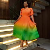 AM041018 New fashion gradient color dress commuter party party comfortable pleated dresses