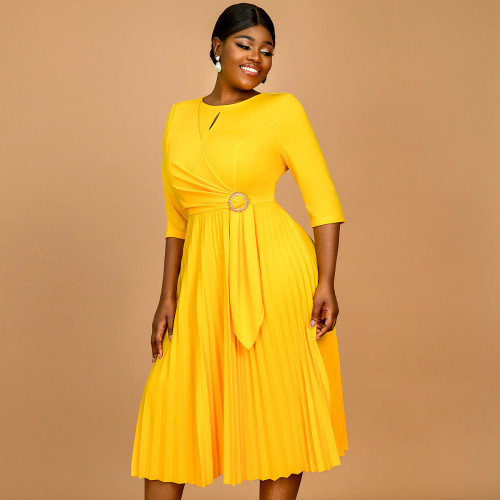 AM041216 Independent station foreign trade round neck fashion women's dress temperament elegant pleated skirt belt dress dress