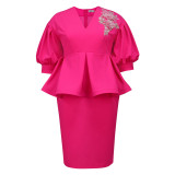 AM040629 Fashion Lantern Sleeve ruffled dress Banquet party meat high waist dress group dresse