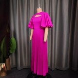 ONTINVA Lantern sleeve hollow out waist pleated skirt Comfortable commuter casual dress pleated skirt