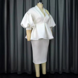 Europe and the United States lantern sleeve embroidery women's blouse every basic suit skirt set Two-piece set